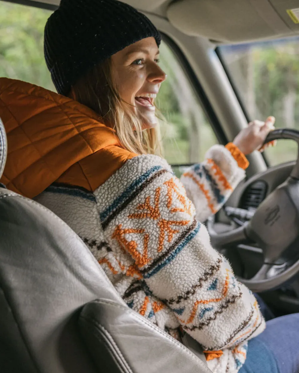 Passenger Fleece|Fleece>Beaumont Recycled Sherpa Hooded Fleece Homespun Stripe Sunrise Orange