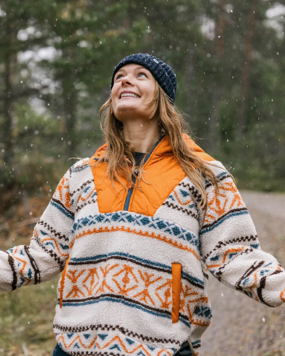 Passenger Fleece|Fleece>Beaumont Recycled Sherpa Hooded Fleece Homespun Stripe Sunrise Orange