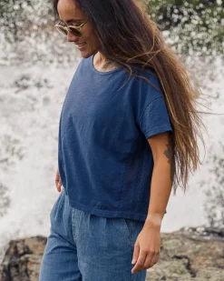 Passenger Tops & T-Shirts|Women's Outlet>Magnolia Recycled Cotton Crochet Trim T-Shirt Dark Denim