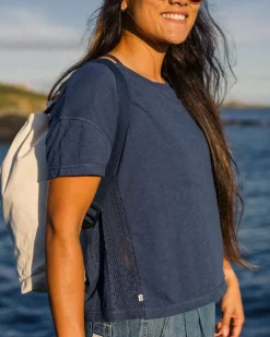 Passenger Tops & T-Shirts|Women's Outlet>Magnolia Recycled Cotton Crochet Trim T-Shirt Dark Denim