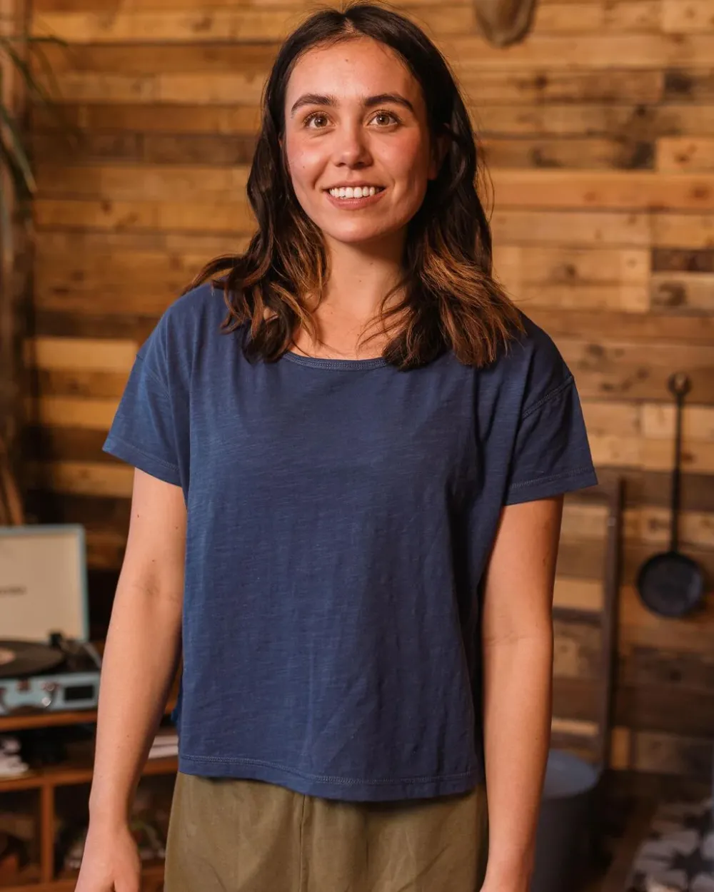 Passenger Tops & T-Shirts|Women's Outlet>Magnolia Recycled Cotton Crochet Trim T-Shirt Dark Denim