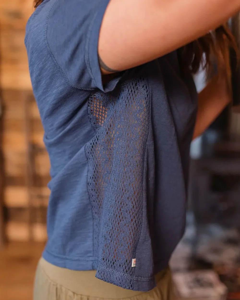 Passenger Tops & T-Shirts|Women's Outlet>Magnolia Recycled Cotton Crochet Trim T-Shirt Dark Denim