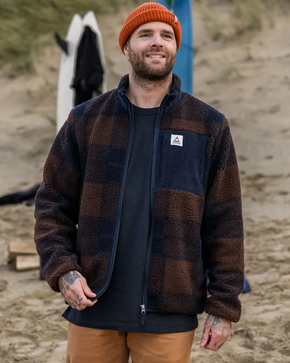 Floris van Bommel Fleece|Fleece>Trekker Recycled Deep-Pile Sherpa Fleece Chestnut/Deep Navy Check