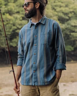 Passenger Shirts|Men's Outlet>Voyage Organic Cotton Jacquard Shirt Mediterranean Geo Stripe