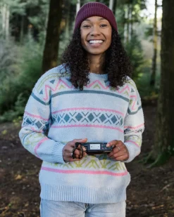 Passenger Knitwear|Women's Outlet>Whimsical Recycled Knitted Jumper Homespun Stripe Blue Fog